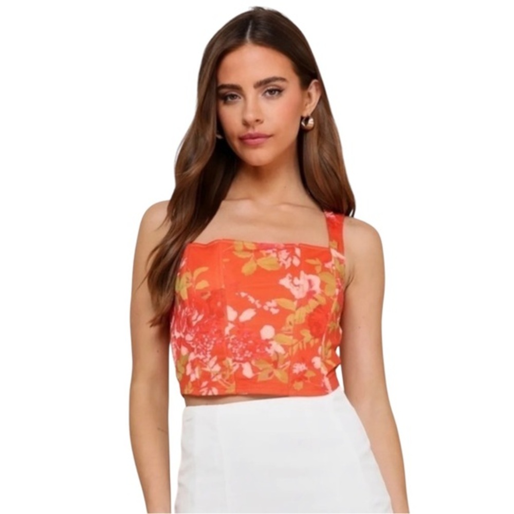 NWT Lulu’s Alluring Impression Orange Floral Mesh Bustier Tank Top